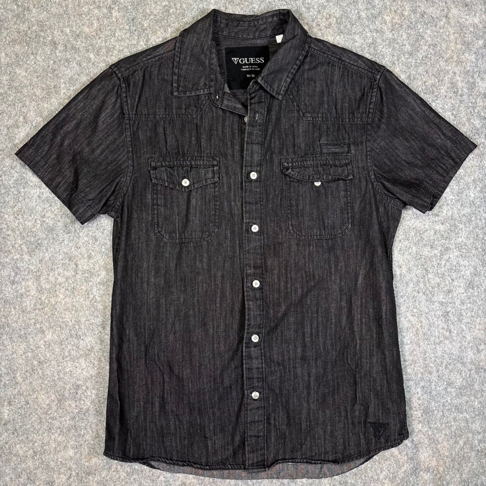 Guess Short Sleeve Denim Shirt Mens M Black Gray Western 100% Cotton X41H14W5990